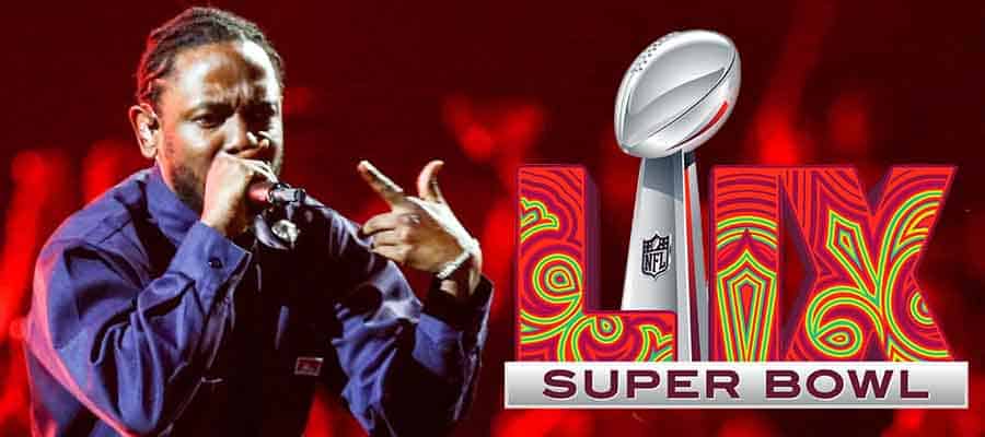 Kendrick Lamar performing next to a Super Bowl LIX logo