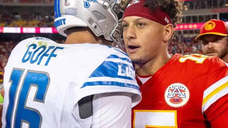 Jared Goff and Patrick Mahomes hugging after a game